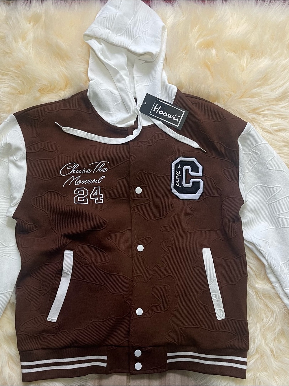 Youth Brown and White Hooded Varsity Jacket by